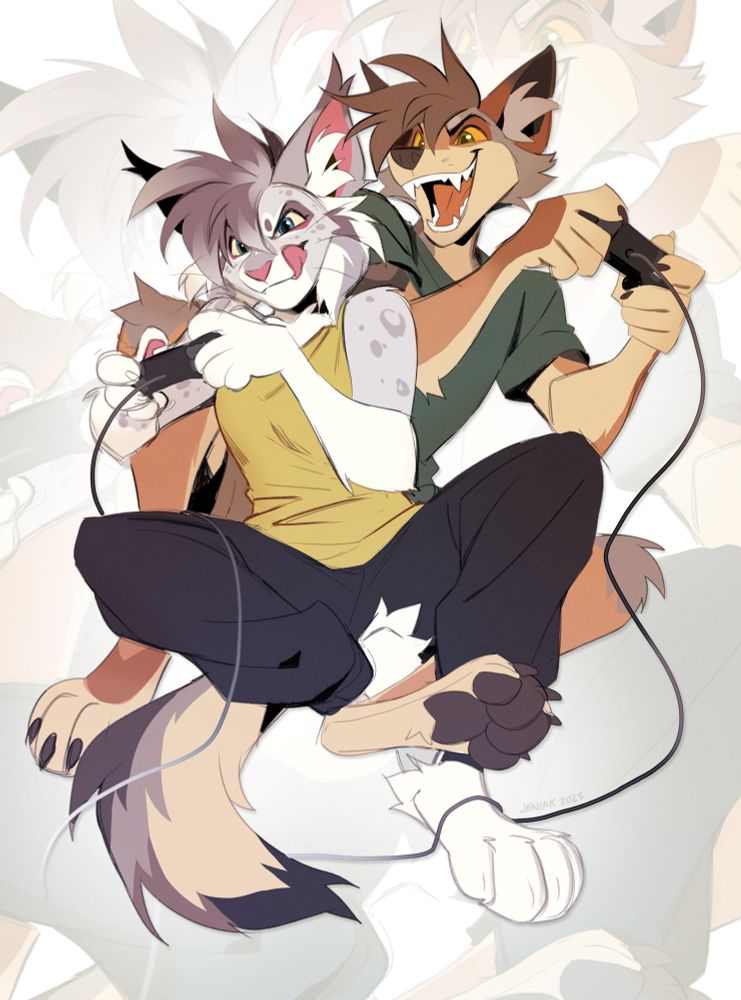Eurasian Lynx and Yote playing video games together