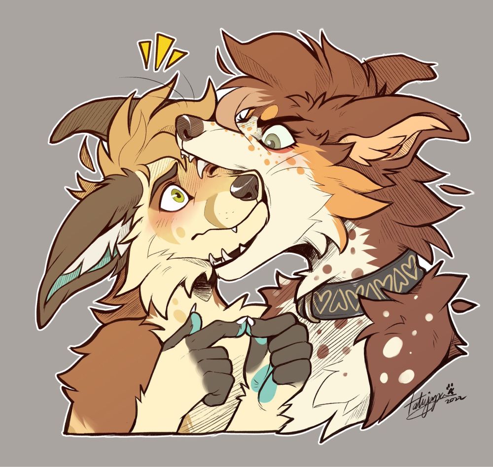 Elly (dog) nomming on Riko’s (fox) muzzle. Riko is blushing 👉👈
