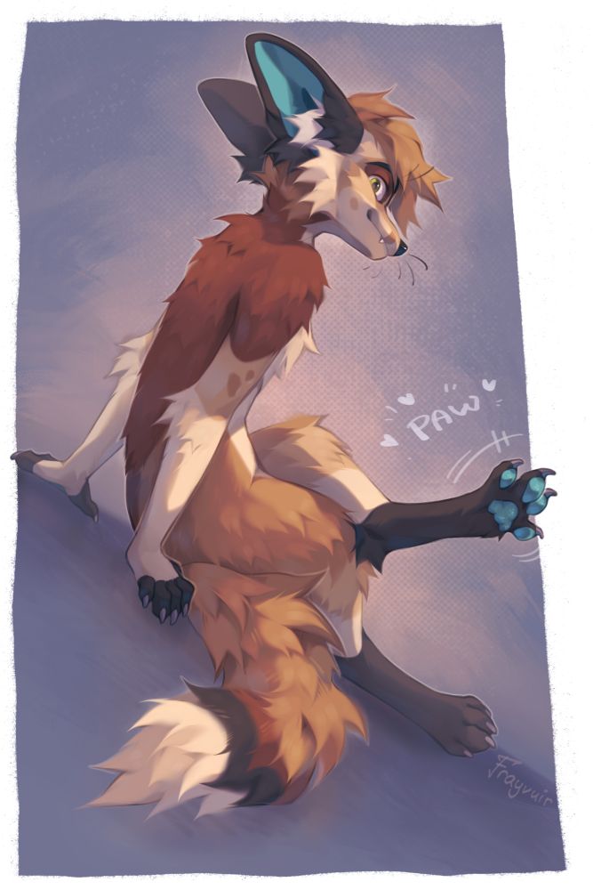 Riko setting with his legs crossed with one of his paws sticking out. He’s wiggling and showing it off as he looks towards the viewer.