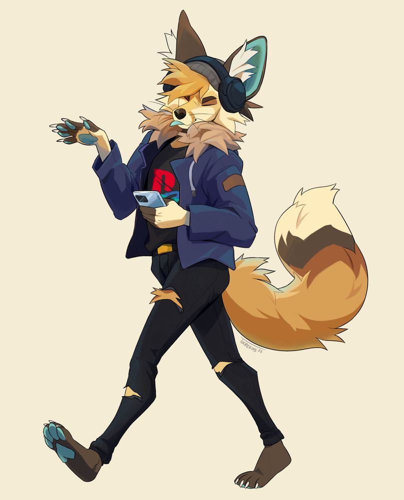 Riko the fox wearing headphones and listening to music as he’s walking.