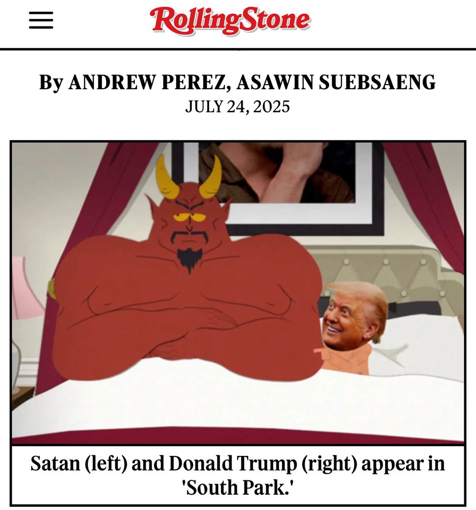 Cartoonish image of satan and trump in bed, presumably after sex. The caption says “Satan (left) and Donald Trump (right) appear in 'South Park.'”