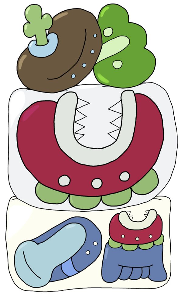 Colorfully-rendered sitelen sitelen glyphs reading "ma ni li ike li kama ike mute" / "This world is bad and it's getting worse"