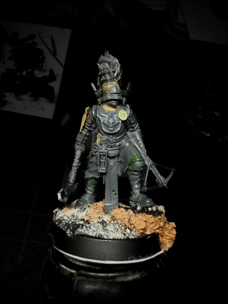 32mm scale mini for the game Mordheim. He has a helmet that’s on fire, not very safe 
