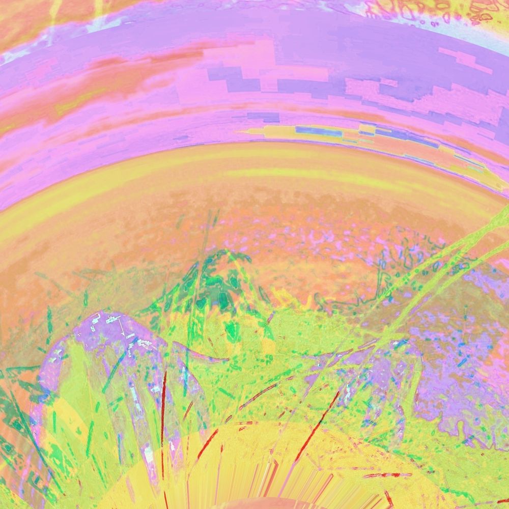 Glitch art of hands holding onto a grassy cliff, high above a large body of water