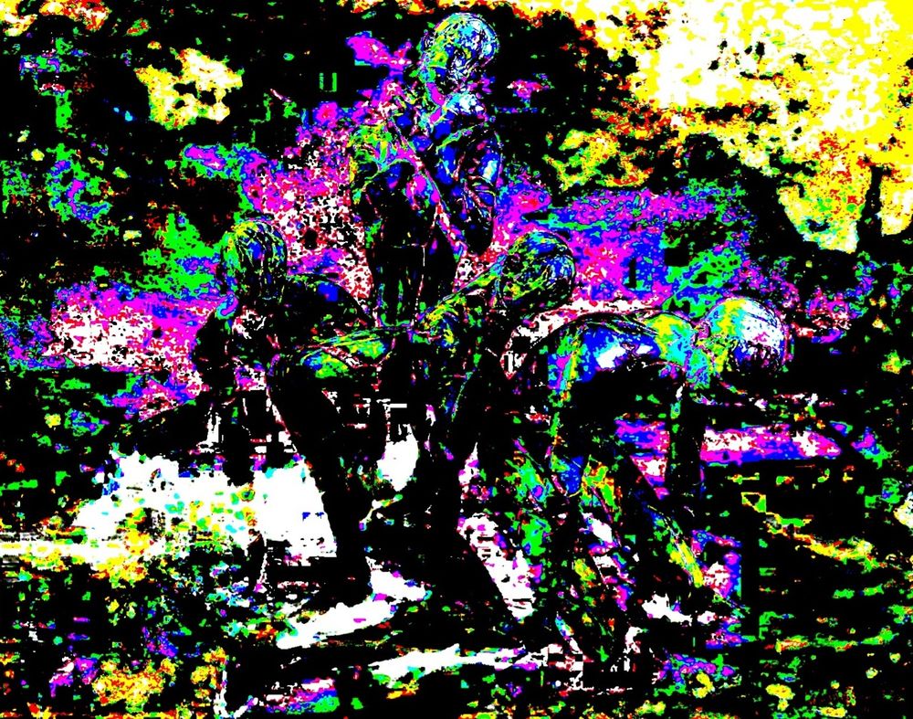Glitch art. Mostly abstract. There is a contrast of black and bright colors. Parts of humans could be made out. 