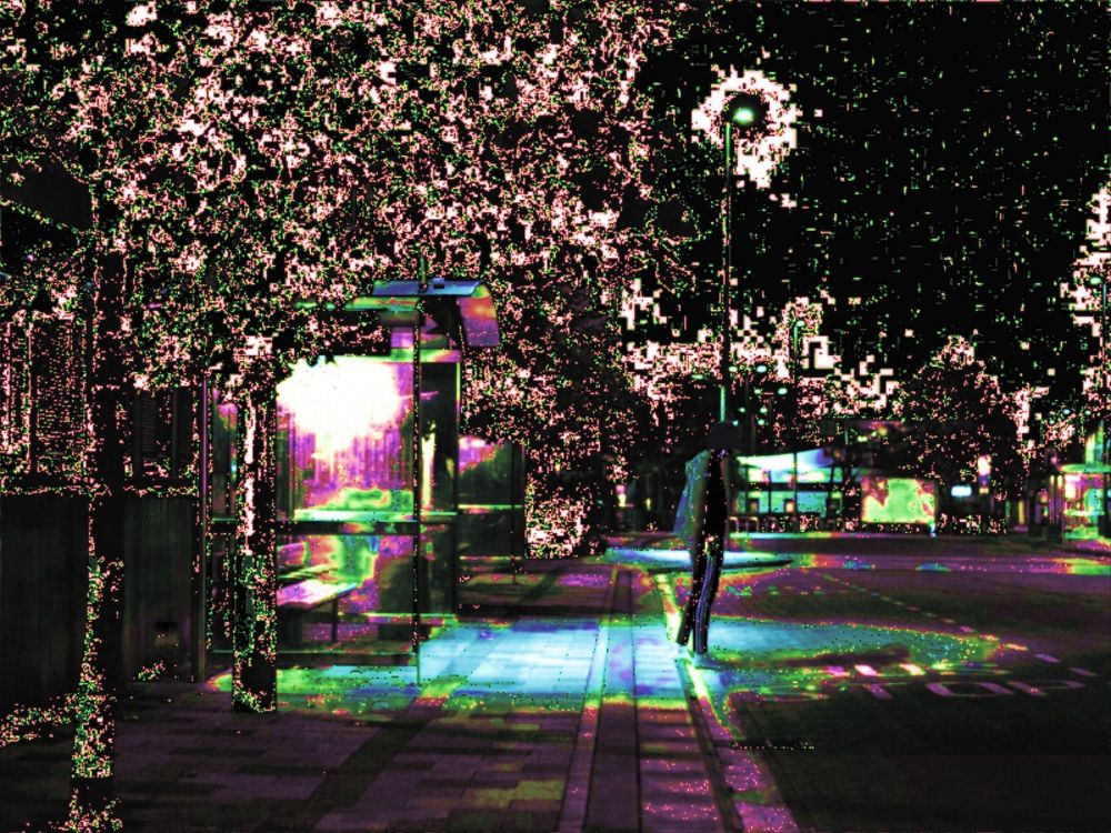 Glitch art of a bus stop