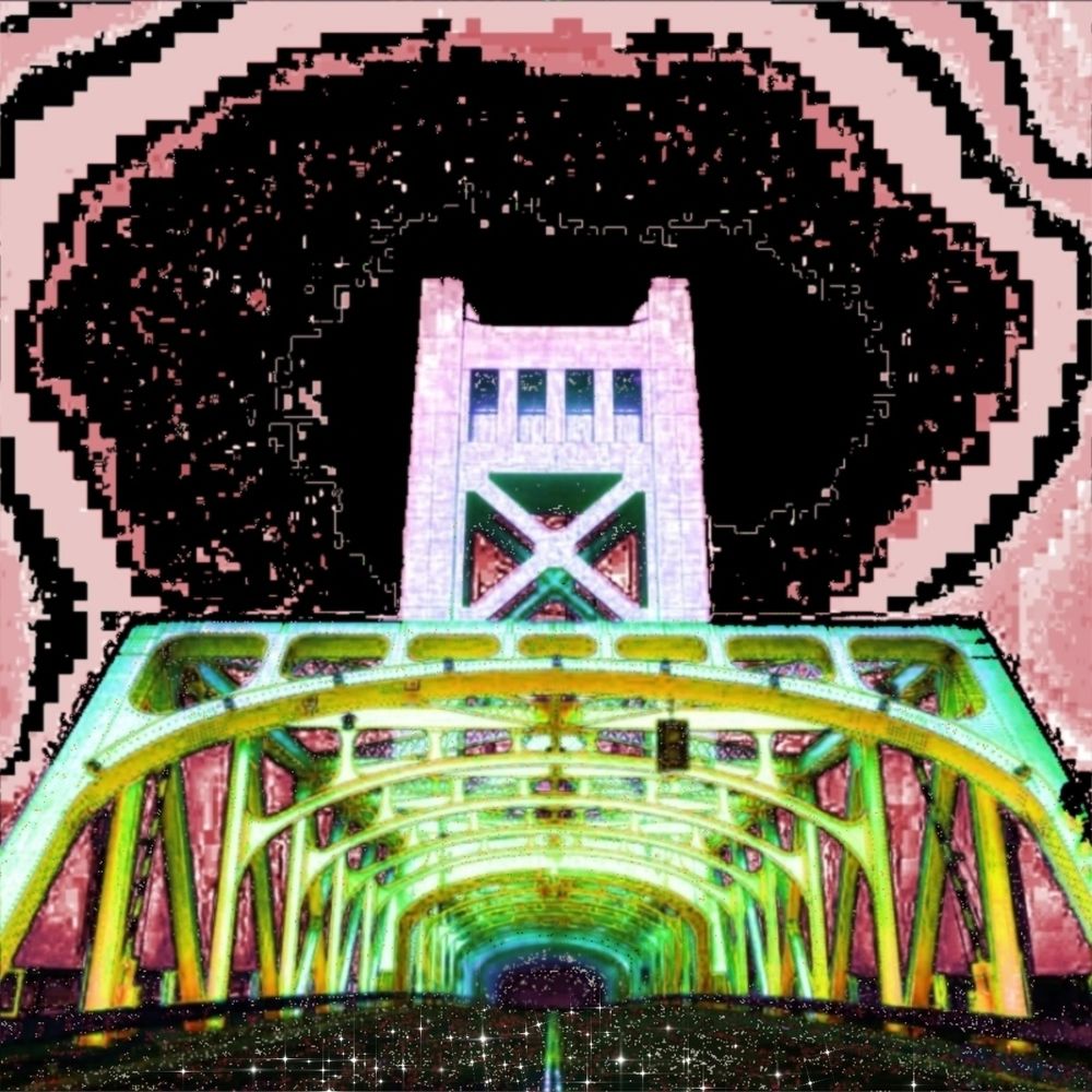 Glitch art of a colorful bridge