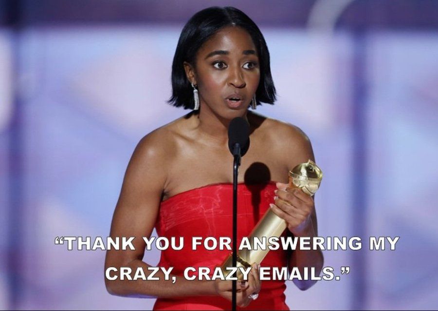 Ayo Edebiri's 2024 Golden Globes acceptance speech. White caption text reads "thank you for answering my crazy, crazy emails"