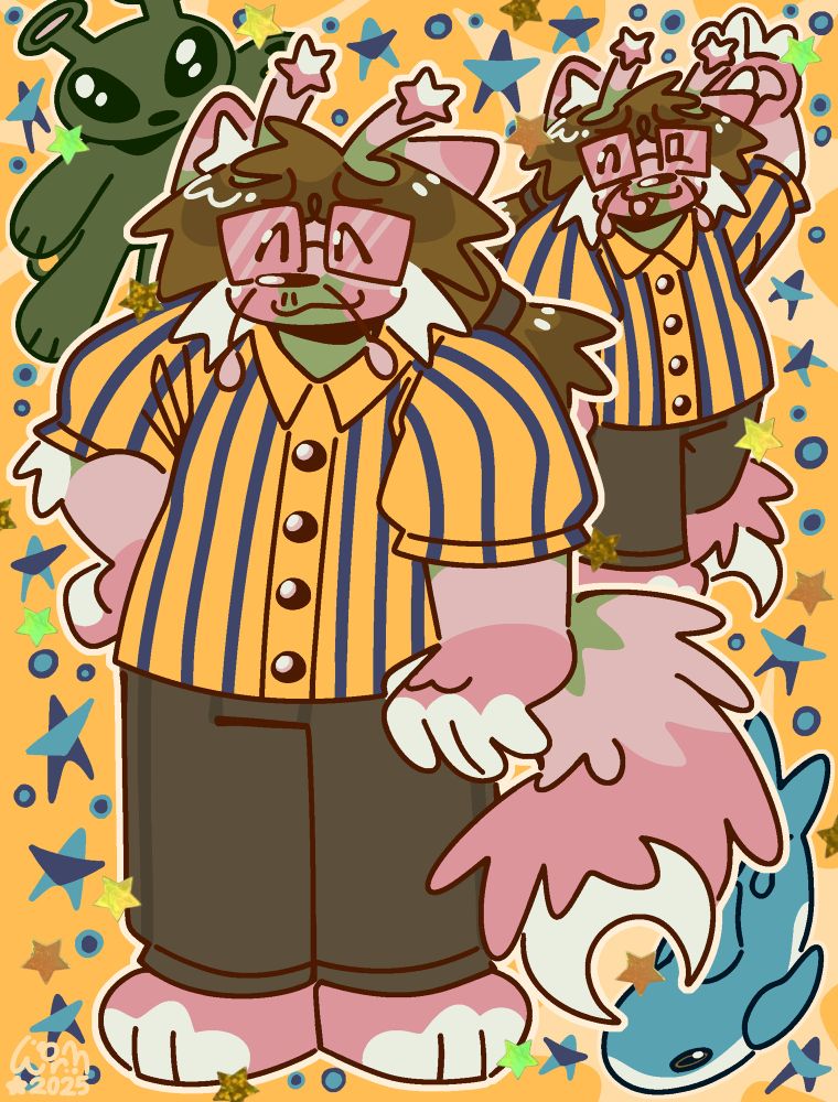 colored digital drawing of worm in an ikea themed button up ( blue and yellow ) with brown-grey ish colored pants. he has his hair in a ponytail. the background is yellow and consists of blue and holographic stars. there's also an aftonsparv and blahaj in two corners of the art.