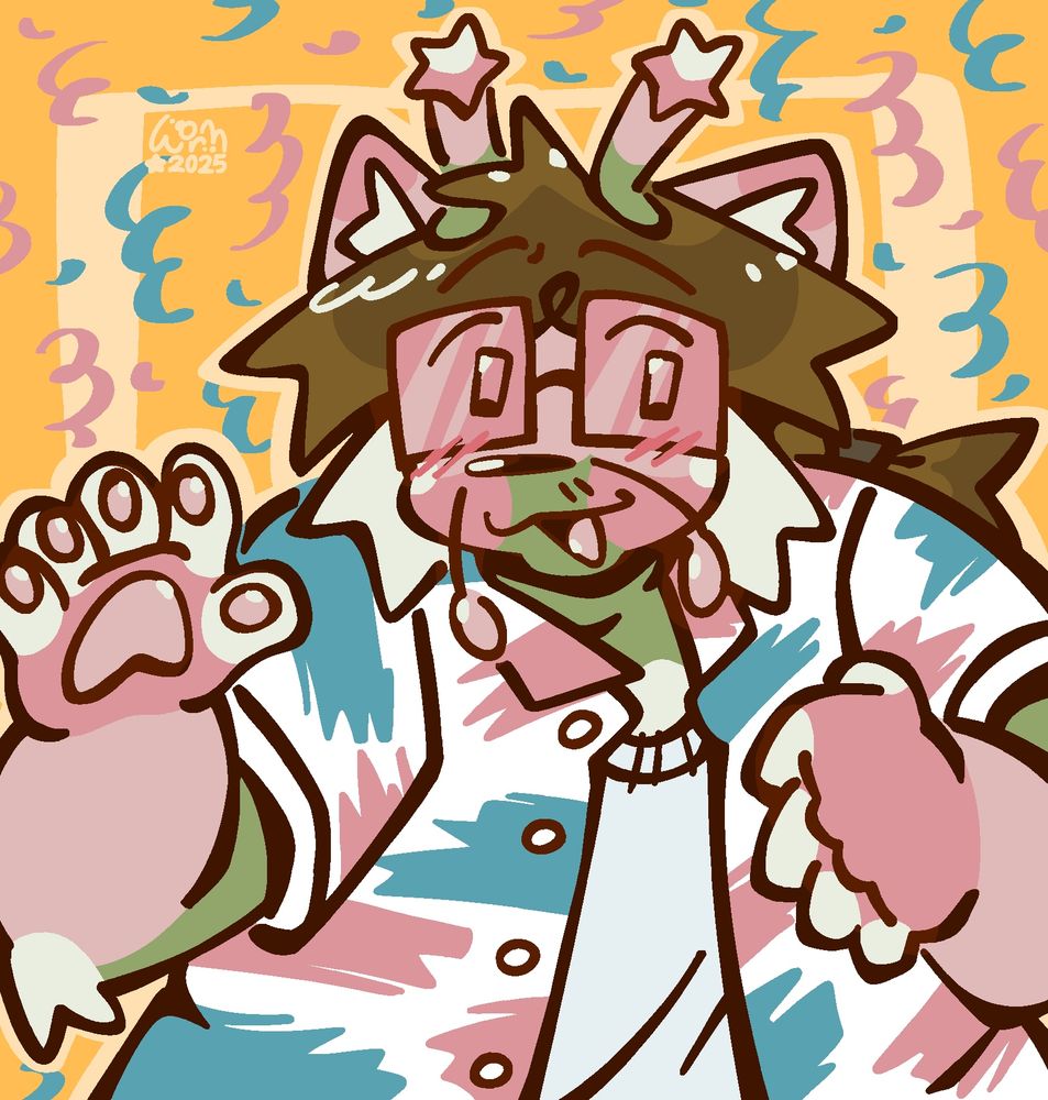 colored digital art of worm in a white shirt with blue and pink streaks going across it. the background has falling blue/pink confetti.