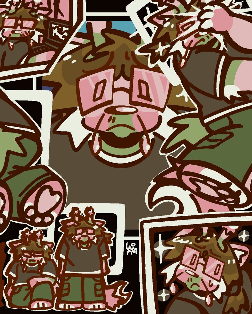 colored digital art of worm in multiple different poses and polaroid photo frames. from top to bottom: worm is looking towards the viewer while he is on a tablet, worm covering half of his face while light shines through his hand, worm staring directly at the viewer with a frown, worm down on his knees only viewable from the back, two small drawings of worm standing up then getting down on one knee, and worm looking behind him with sparkles around him. 