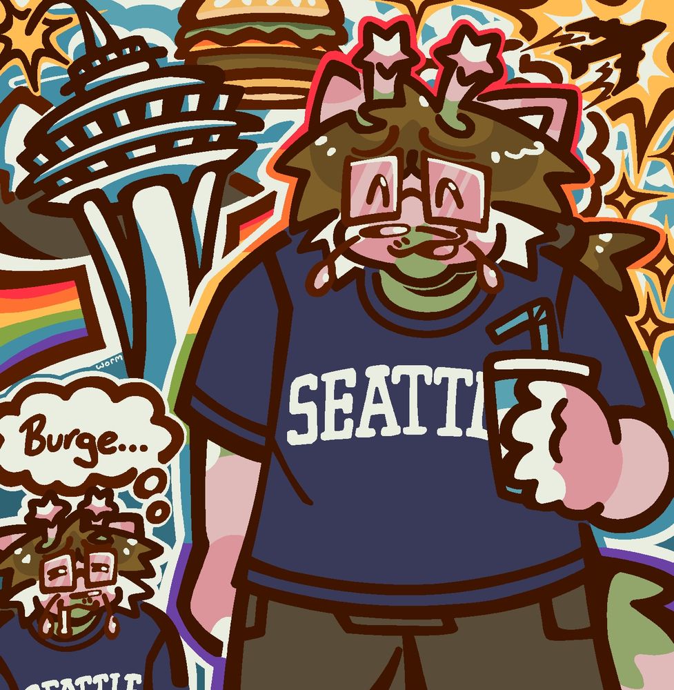 colored digital art of worm, to the right of the canvas, in a dark blue shirt that reads "seattle" on it, he is holding a blue and white cup with a straw and has a joyful expression on his face. in the bottom left corner there is another worm, in the same outfit, his eyes closed and his mouth drooling. above him is a thought bubble that reads "burge ..." the background consists of the space needle, a mountain, a burger with lettuce and cheese, and an airplane that has left behind a rainbow trail.