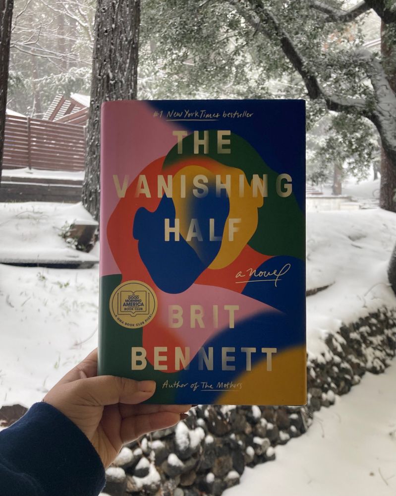 Image showing the novel The Vanishing Half by Brit Bennett in front of a snow covered years