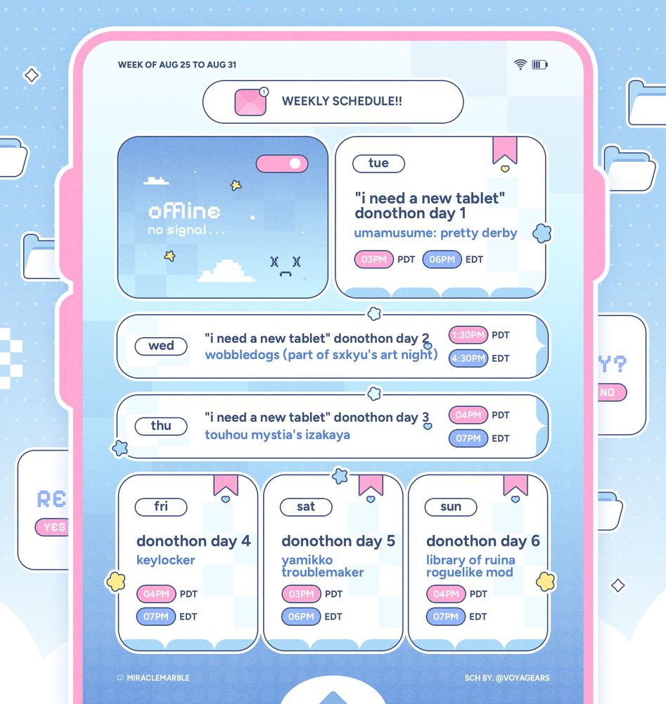 tuesday aug 26 @ 3pm pacific - umamusume: pretty derby
wednesday aug 27 @ 1:30pm pacific - wobbledogs (participating in @sxkyu's art night stream)
thursday aug 28 @ 4pm pacific - touhou mystia's izakaya
friday aug 29 @ 4pm pacific - keylocker
saturday aug 30 @ 3pm pacific - yamikko troublemaker
sunday aug 31 @ 4pm pacific - library of ruina roguelike mod