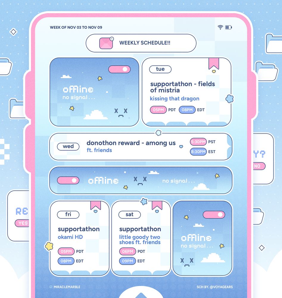 tuesday november 4th 2025 @ 5PM pacific / 8PM eastern - fields of mistria

wednesday november 5th 2024 @ 5:30PM pacific / 8:30PM eastern - among us (donothon reward)

friday november 7th @ 5PM pacific / 8PM eastern - okami HD

saturday november 8th @ 6PM pacific / 9PM eastern - little goody two shoes