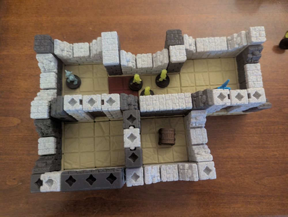 Dungeon 1-3 start, objective to get to the treasure room and push it all the way back to the main door.  When entering the treasure room, have to roll after each monster turn for a chance to roll more.