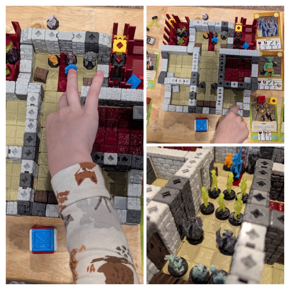 Collage of 3d Printed customizable dungeon game.  Lots of enemies in the main hall