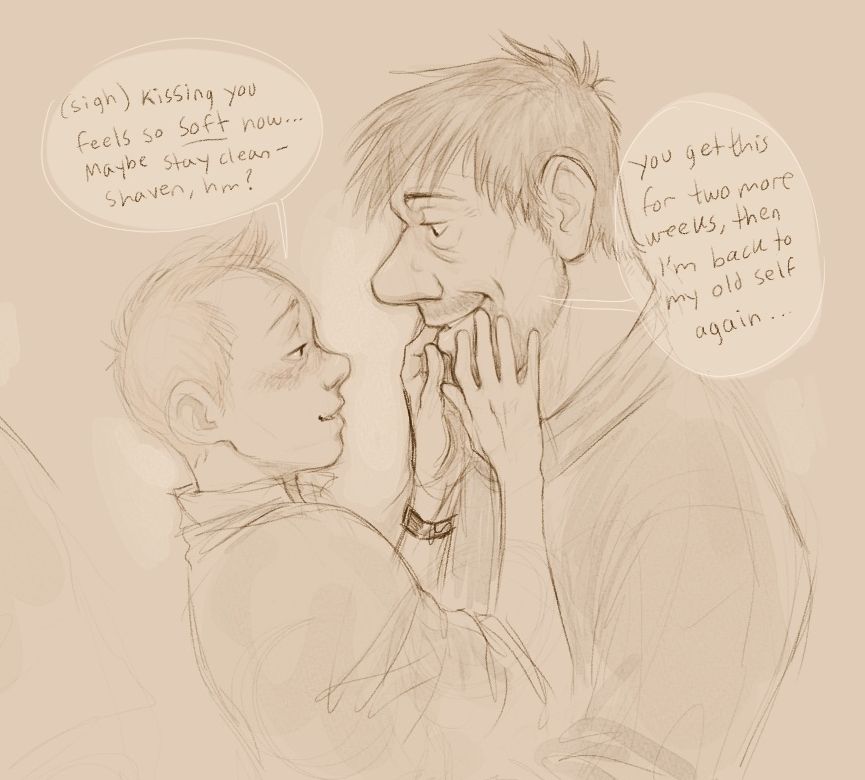 Tintin looks softly at Haddock, gently touching Haddock's lips and shaved chin, saying "(sigh) kissing you feels so soft now. Maybe stay clean-shaven, hm?" Haddock smiles a little, a mix of charmed and amused, replying "you get this for two more weeks, then I'm back to my old self again."