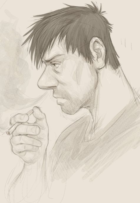 Light sketch of Captain Haddock in profile view, looking pensive, holding a lit cigarette, with a five-o-clock beard instead of his iconic full beard.
