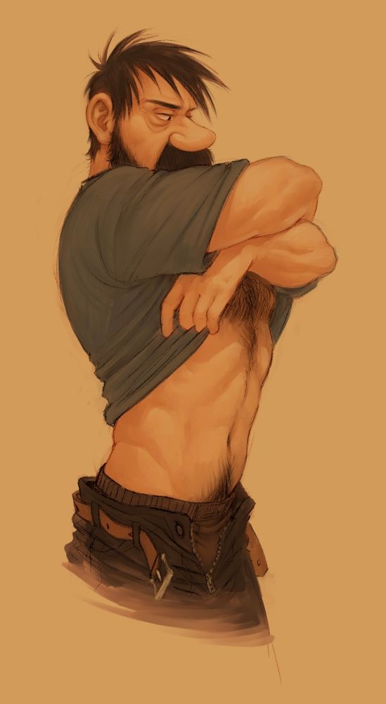 Description of suggestive art follows:
An illustration of Captain Haddock sporting black jeans and a teal/gray t-shirt; his belt is unbuckled and his jeans are unzipped, revealing his boxers. He is in the process of pulling his t-shirt off, showing his abdomen. A calm, casual look on his face as if changing clothes while unaware of the viewer. The illustration has a warm tone to it, no background, shows the character from thigh to head aka half-body composition.
