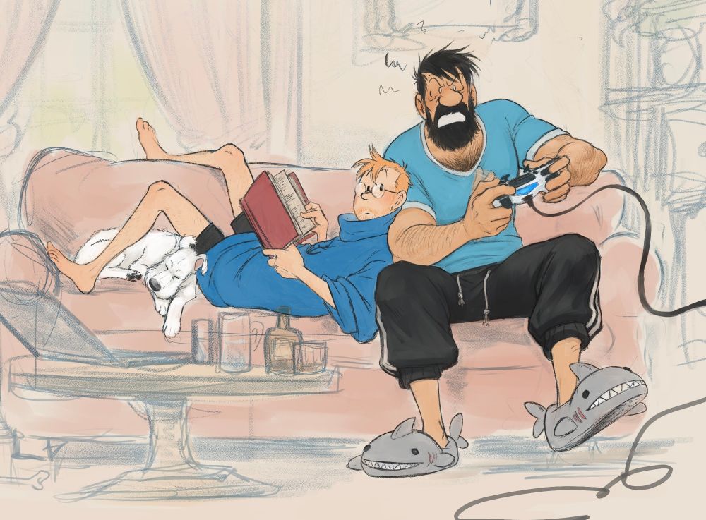 Softly colored drawing with the characters in finished lineart against a sketched background. Fanart of Tintin, Captain Haddock and Milou/Snowy in a casual, chill setting of hanging out on a couch in the living room: Milou is sleeping, Tintin is lying on his back on the couch, using Haddock's upper right arm as a headrest. Tintin holds an open book but his attention is on the videogame Haddock plays (our point of view is as though looking out from the TV). Haddock is swinging the controller annoyedly around, visibly angry at the game. Tintin looks like he's watching in suspense on whether or not Haddock can beat the game. They're wearing relaxed outfits, insinuating they're having a lazy morning. Tintin is wearing black boxers and Haddock's shirt, which looks baggy on Tintin. Haddock is wearing a light turquoise t-shirt with white rims on the cuffs and collar, imitating Tintin's default sweater. He's wearing black sweatpants with white stripes, reminiscent of adidas. And shark slippers