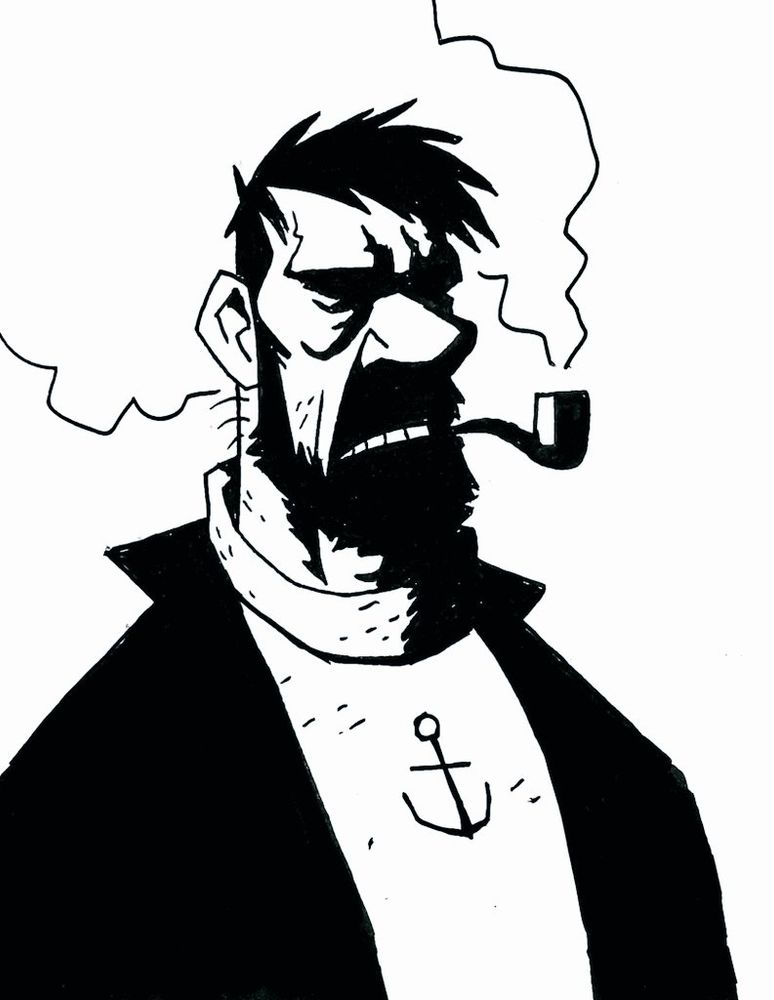 Black and white illustration of Captain Haddock smoking a pipe. The lineart and shading is done in ink with hard shadows and heavy contrasts, noir vibe, immitating the style of Mike Mignola.