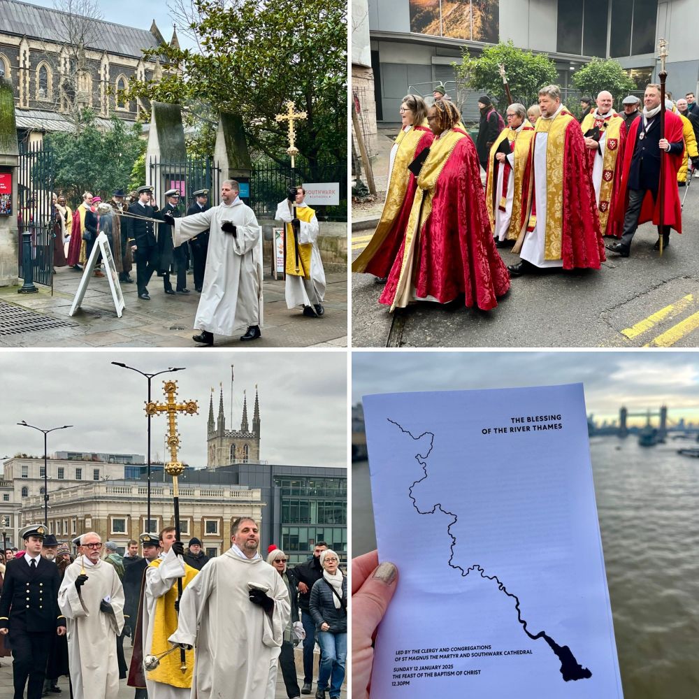 Four photos showing images from today’s Blessing From The Thames. A procession leaves Southwark Cathedral and walks to London Bridge where it meets a similar procession from St Magnus the Martyr, and a cross is thrown in the river. 