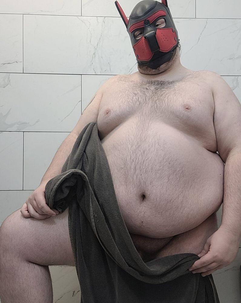 Me with my leg up and a towel draped over my nether regions