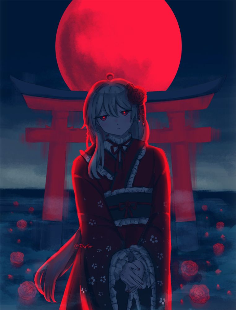 A drawing depicting a girl in kimono staring at the viewer with an indifferent expression. Behind her, there is a big red moon, torii, and foggy dark-blue river with red roses floating in it. The drawing is done in contrasting dark blue and bright red shades.