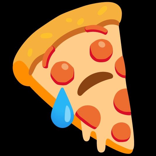 emoji of a pizza slice with a frowning face, a single tear dropping from its pepperoni eye