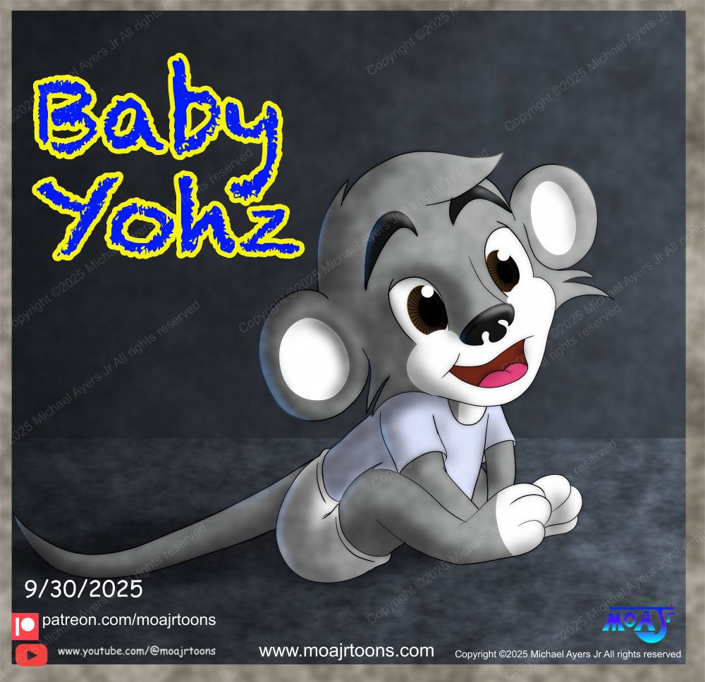 This concept art show a baby picture of Yohz sitting on a dark gray carpet in front of the dark grey background, smiling.