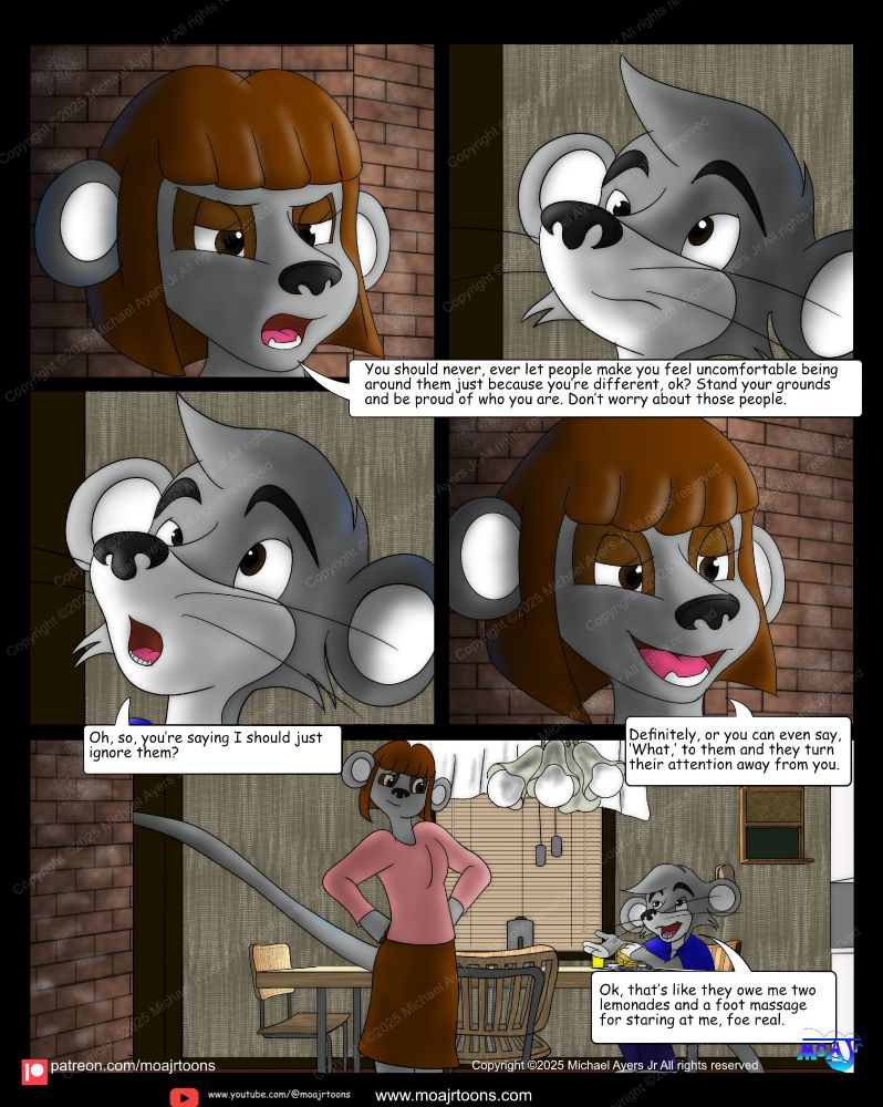 In this colorful Meet Yohz Skateboard Comic page 129, Yohz’s mother (Sabrina) gives Yohz advice when other people stare at him based on the fact that he’s a mixed specie. Yohz suddenly joked about people staring at him while his mother looks him like he’s being silly.
