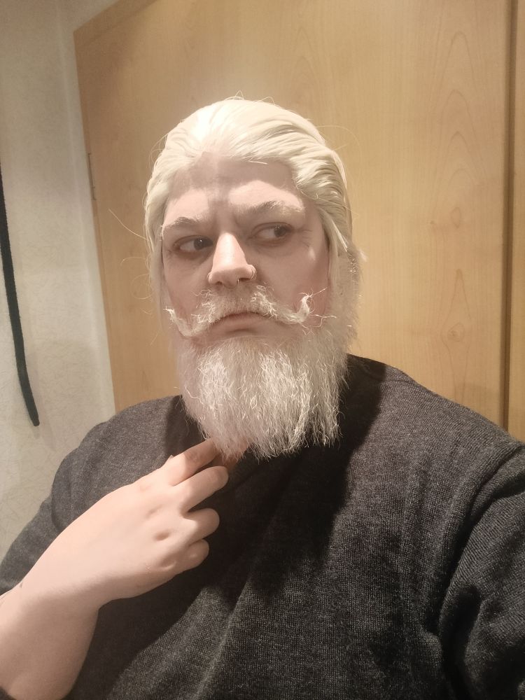 Selfie von mir im Cosplay.
Ich habe eine weiß-blonde Perücke und passenden weiß-blonden Vollbart dazu angeklebt. Ich gucke seitlich weg.