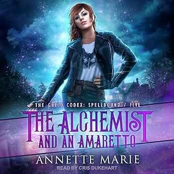 A book cover featuring a red-haired woman in a leather jacket. The title is in purple letters beneath her: The Alchemist and An Amaretto by Annette Marie.