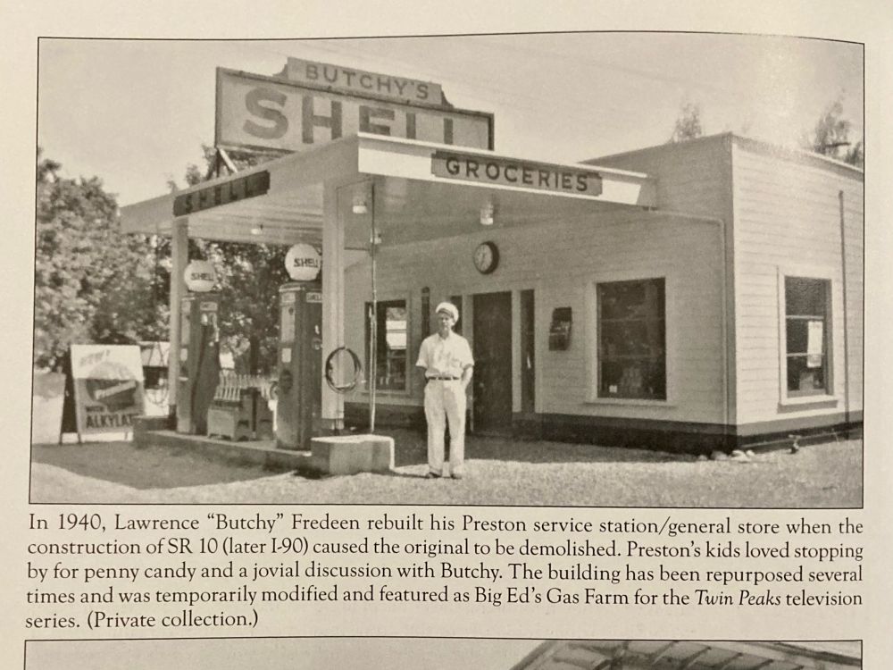 Archival black and white photo of Butchy’s Service Station & General Store - the original business that occupied the Gas Farm location - published in Images of America: Snoqualmie Valley.