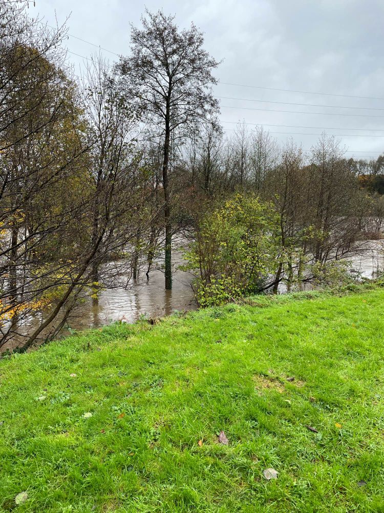 A usually low level river is submerged by flood water, covering trees and vegetation