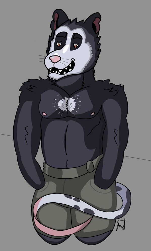 A shirtless possum is kneeling while smiling towards the camera 
