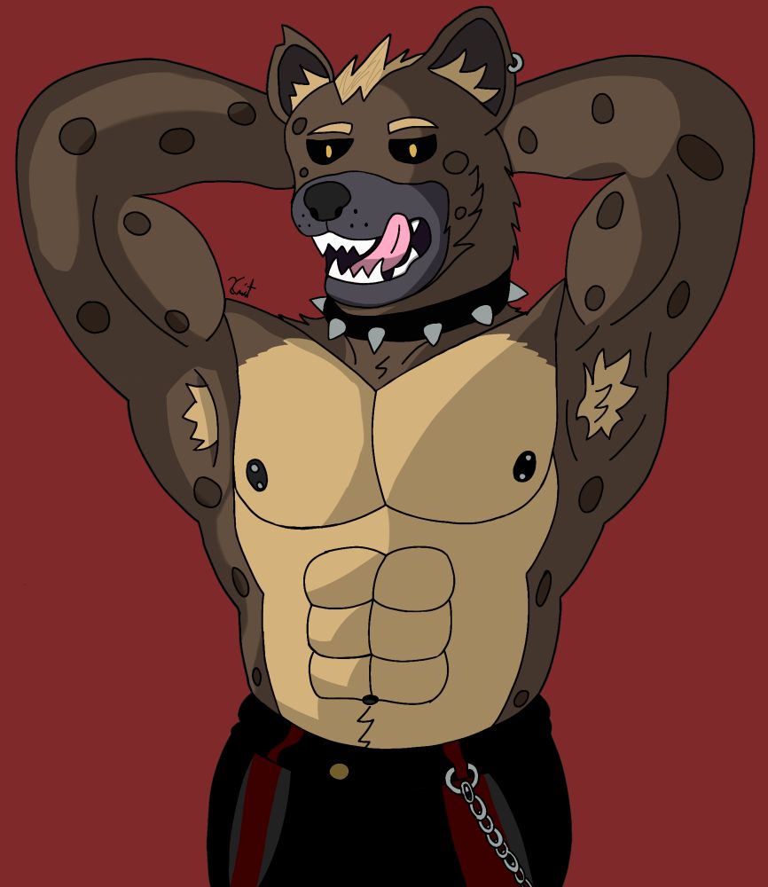 An anthropomorphic hyena shirtless with his arms behind his head with a punk rock aesthetic