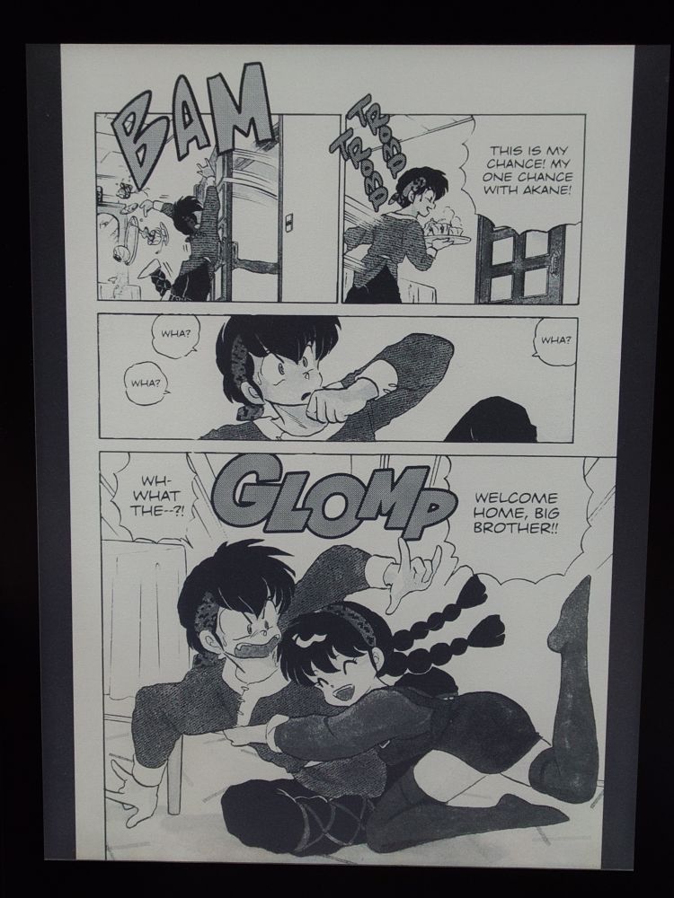 ranma dressed cuter than he needs to be glomping ryoga yelling "WELCOME HOME BIG BROTHER" supposedly in order to cockblock him and akane