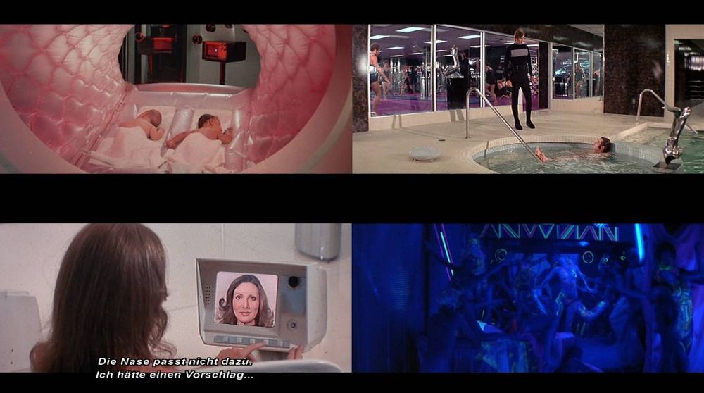 4 screenshots from Logan's Run (1976). Upper left is the baby station, upper right the pool/gym, lower left shows a woman at the plastic surgery computer, and the fourth image shows the 'love shop'
