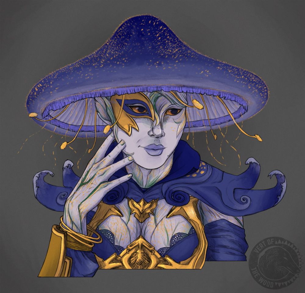 A bust portrait of a Sylvari OC from Guild Wars 2. Posed looking right, with a slight smile and hand by her face. She has a mushroom like cap for hair and her overall design and armor is of deep blue and gold. 