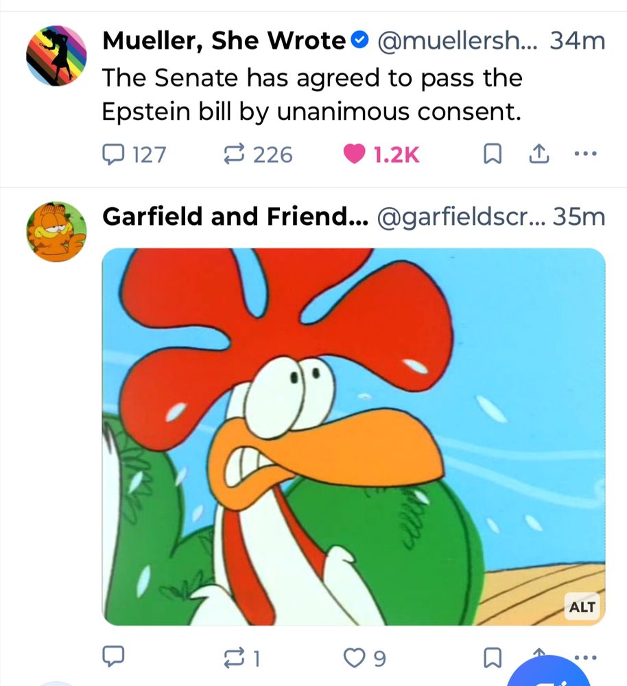 Screenshot of the above post with a picture of a sweating rooster beneath it. 