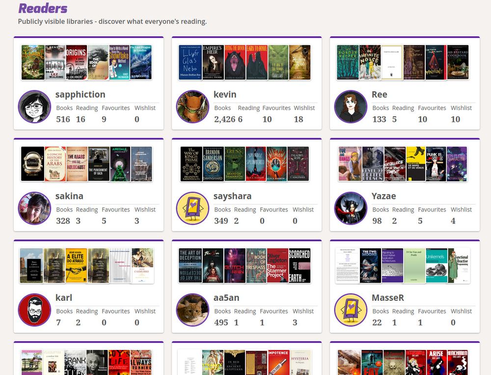 Screenshot of Libreture's updated Readers page, showing public profiles with a selection of amazing book covers from their libraries.