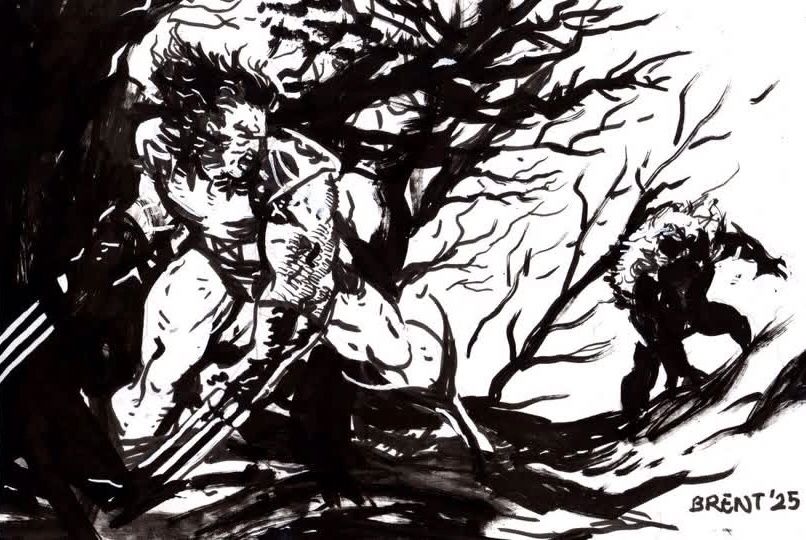 A really rad pen and ink drawing of Wolverine and Sabretooth in a shadowy forest!