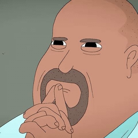 a cartoon of a bald man with a beard covering his mouth with his hands