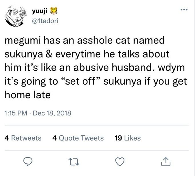 image is of fake tweet from yuuji.

yuuji: megumi has an asshole cat named sukunya & everytime he talks about him it’s like an abusive husband. wdym it’s going to “set off” sukunya if you get home late
