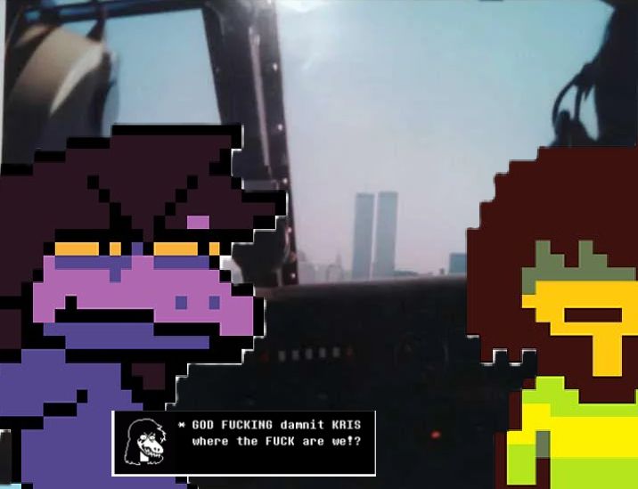 Kris and Susie from the game Deltarune inside a cockpit of an aircraft headed towards the twin towers