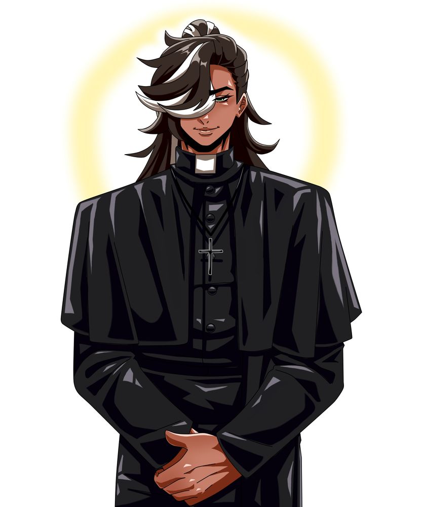 MY character, Coyote, dressed as a catholic priest with a simple silver crucifix, his arms crossed in front of him