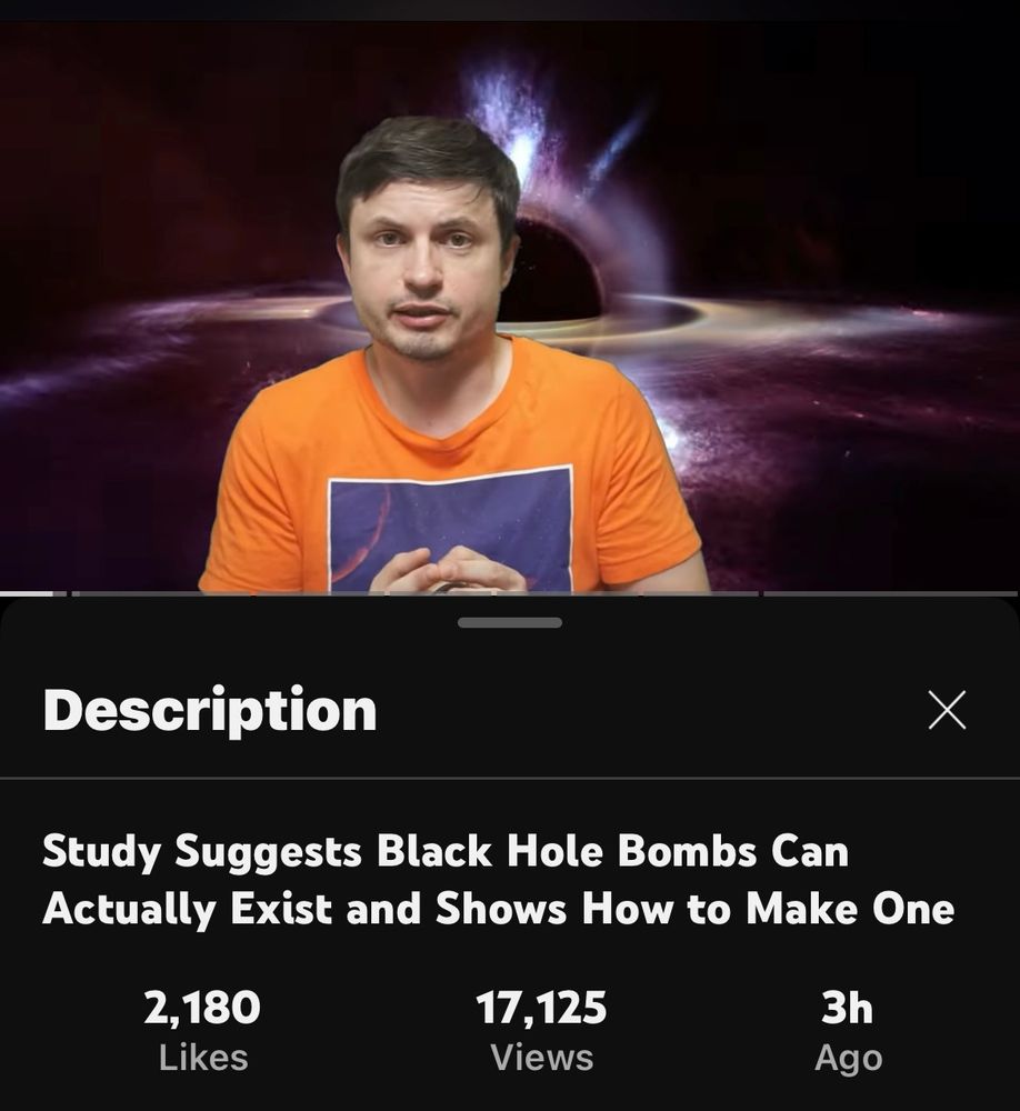Screenshot of a youtube video of a man greenscreened in front of a blackhole simulation/graphic. The title of the video is "Study Suggests Black Hole Bombs Can Actually Exist and Shows How to Make One"