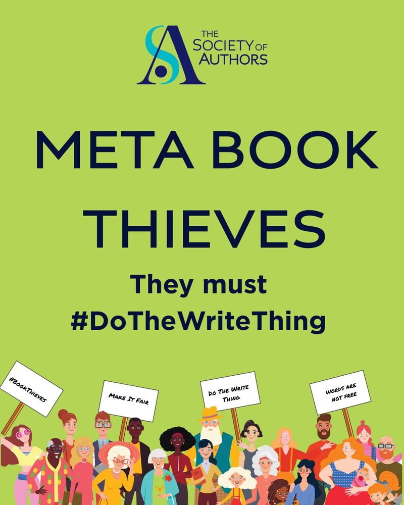 The Society of Authors image of diverse writers calling on Meta to do the Write Thing.
